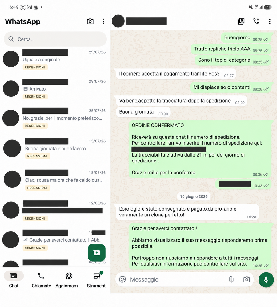 Recensione WhatsApp 31, con dati personali oscurati