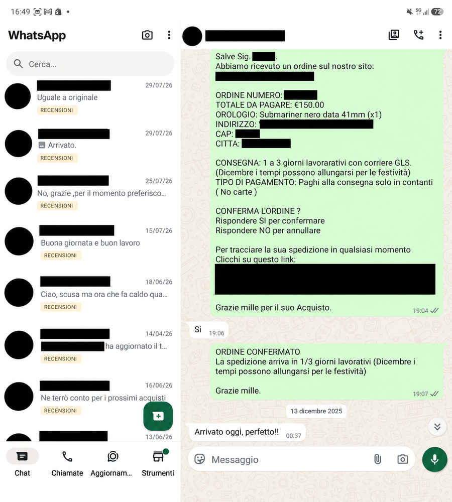 Recensione WhatsApp 33, con dati personali oscurati
