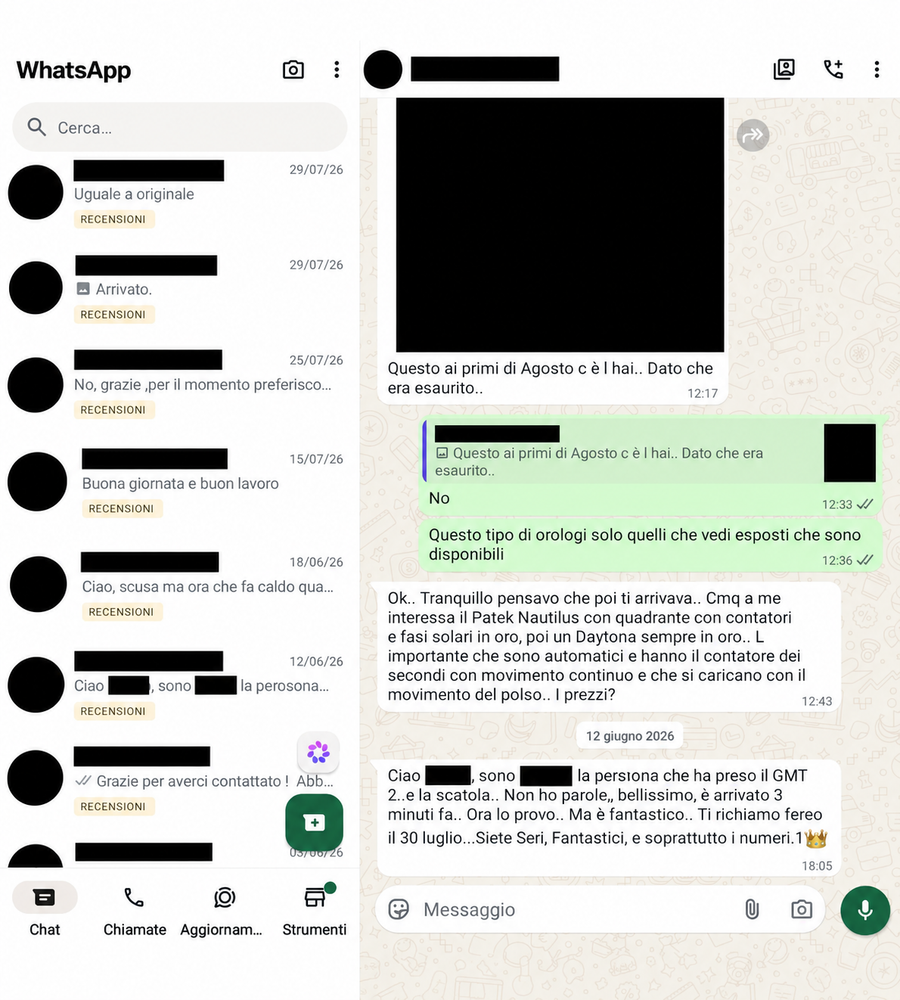 Recensione WhatsApp 34, con dati personali oscurati