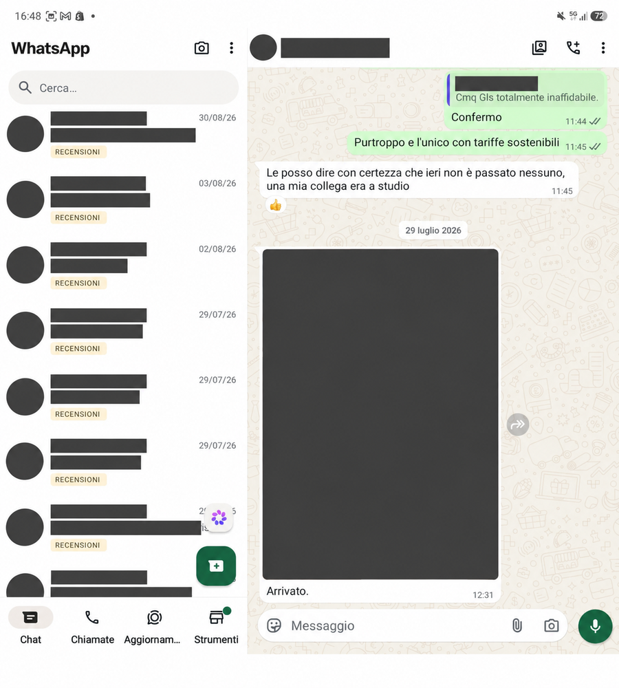 Recensione WhatsApp 36, con dati personali oscurati