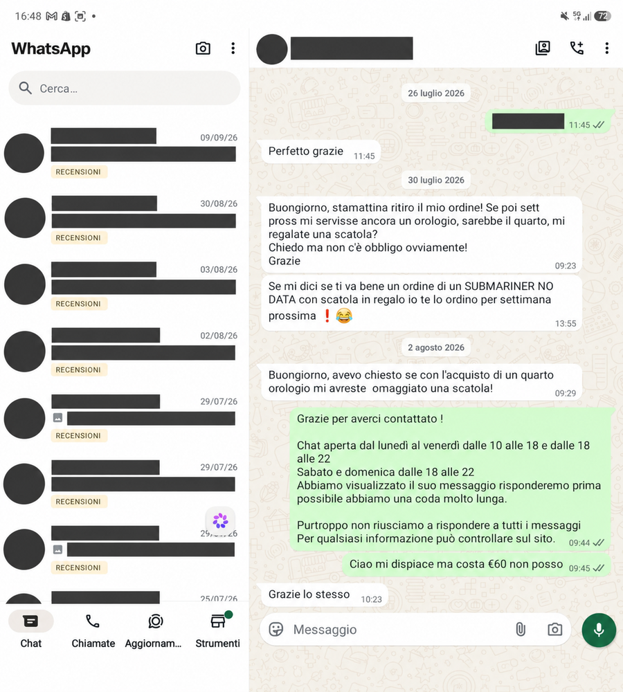 Recensione WhatsApp 37, con dati personali oscurati