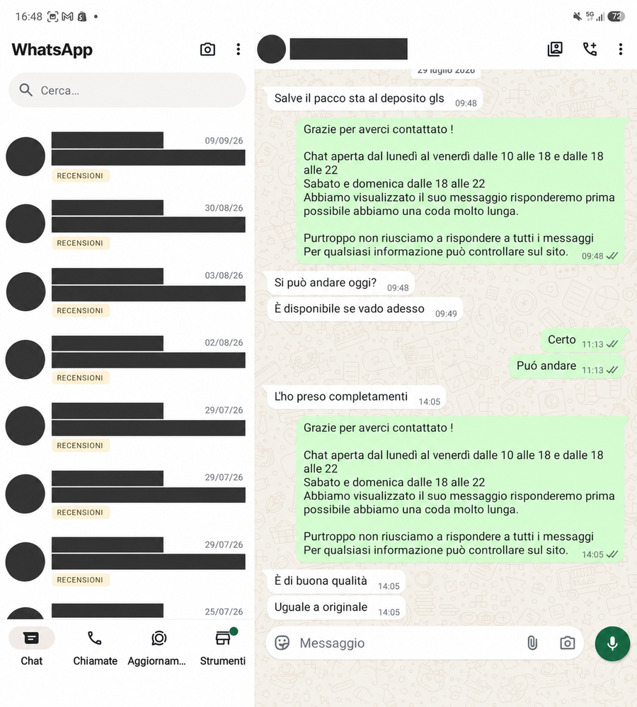 Recensione WhatsApp 38, con dati personali oscurati