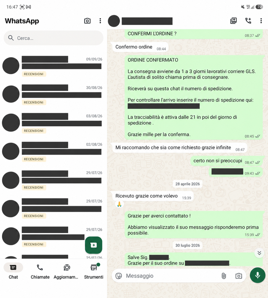 Recensione WhatsApp 39, con dati personali oscurati