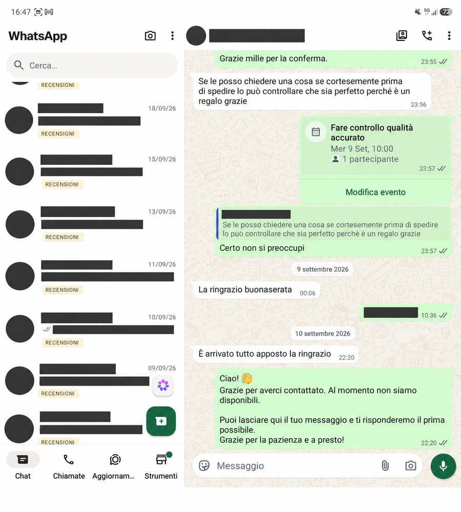 Recensione WhatsApp 40, con dati personali oscurati