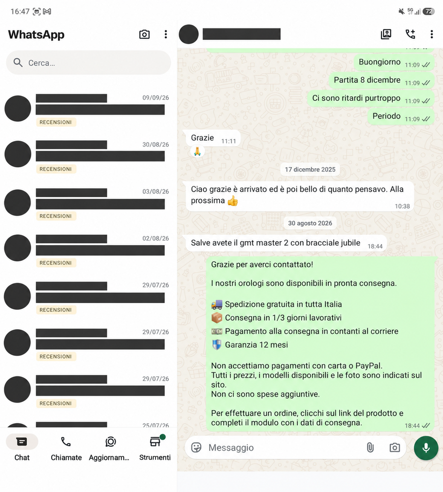 Recensione WhatsApp 41, con dati personali oscurati
