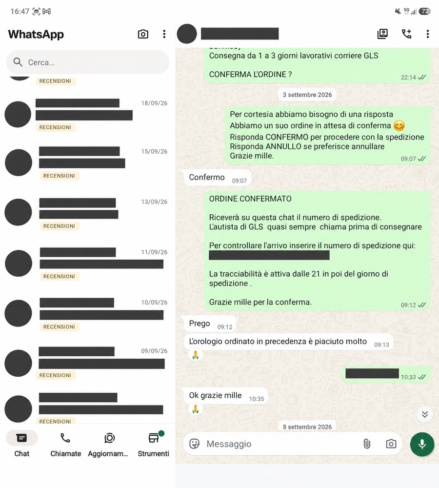 Recensione WhatsApp 42, con dati personali oscurati
