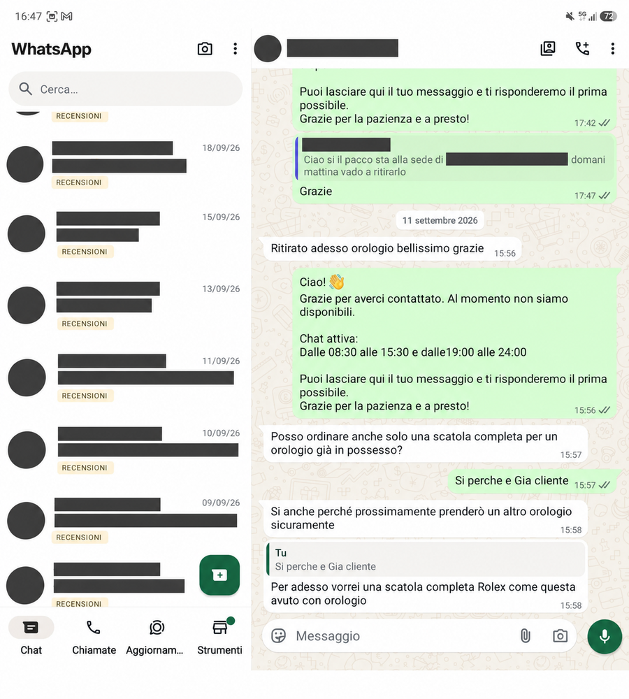 Recensione WhatsApp 43, con dati personali oscurati