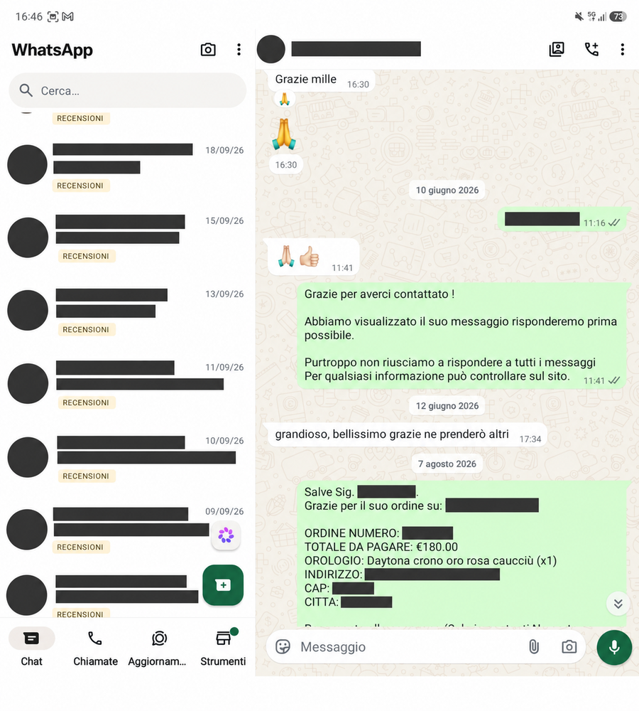Recensione WhatsApp 44, con dati personali oscurati