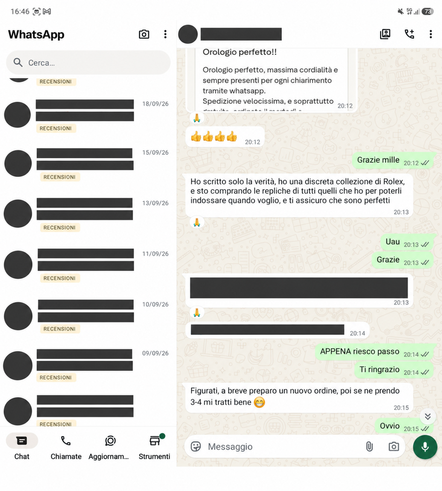 Recensione WhatsApp 45, con dati personali oscurati
