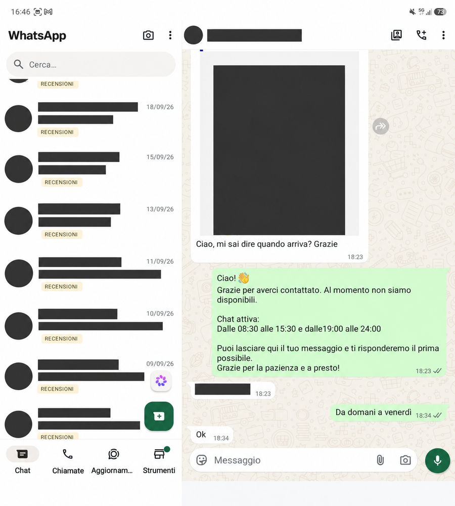 Recensione WhatsApp 46, con dati personali oscurati